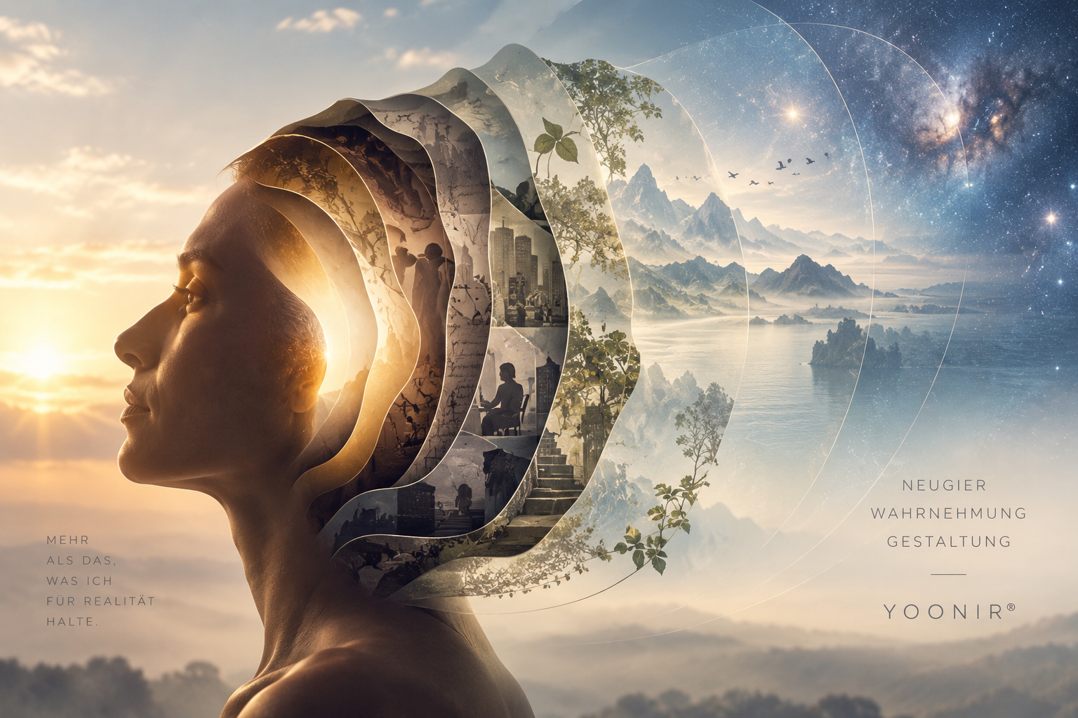 Menschlicher Kopf, der sich Schicht für Schicht in Landschaft und Universum öffnet – Symbol für Bewusstsein, Wahrnehmung und Identität.